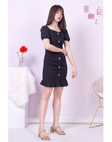 Fine Square Neckline Button Down Casual Fishtail Grid Textured Dress (Black)